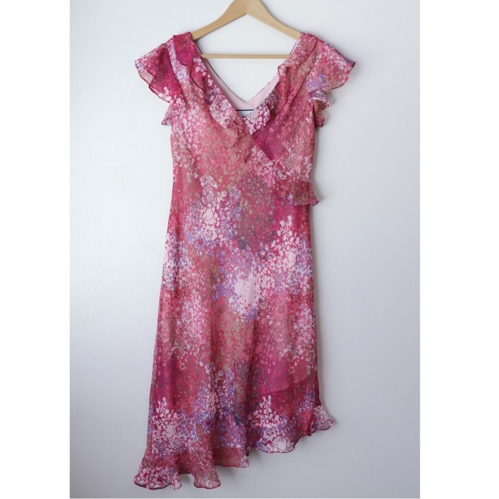 Vintage 90's Y2K Floral Print Ruffle Flutter Sleeve Asymmetric Hem Midi Dress